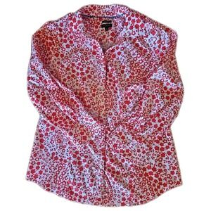 TALBOTS Red White Floral  Cotton Blend Long Sleeve Womens 10 Wrinkle Resistant